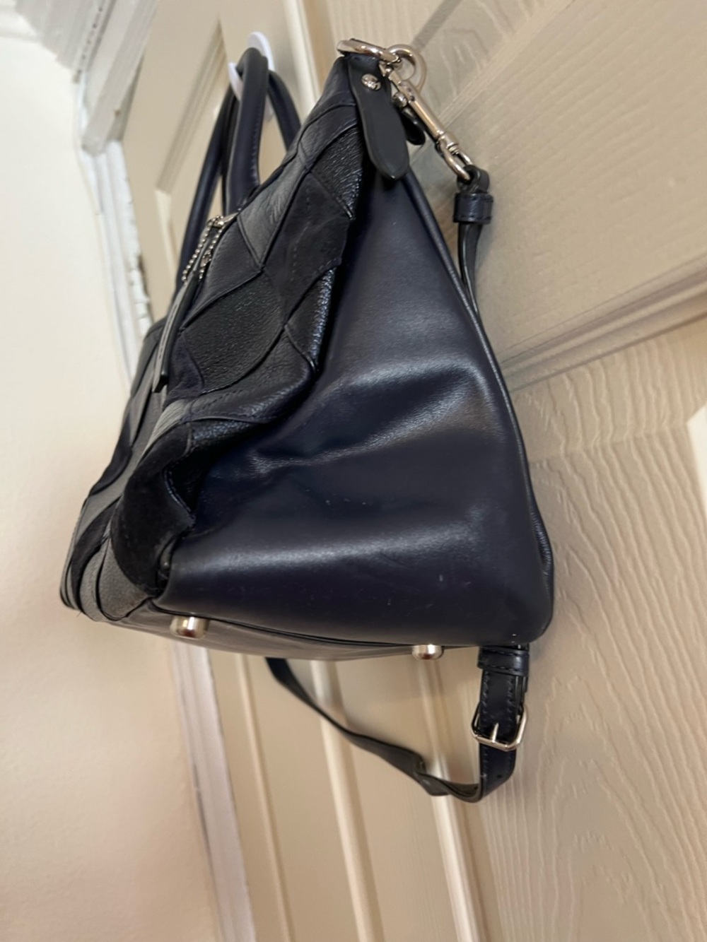 Stunning RARE Coach Morgan Diamond Patchwork Leather & Suede Satchel Bag Navy - Picture 3 of 16